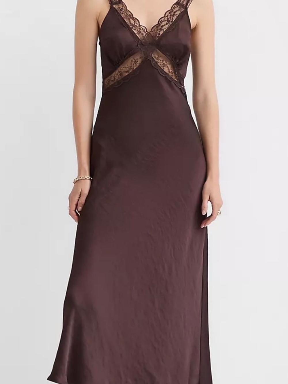 LOFT Brown Lace-Trim Midi Slip Dress